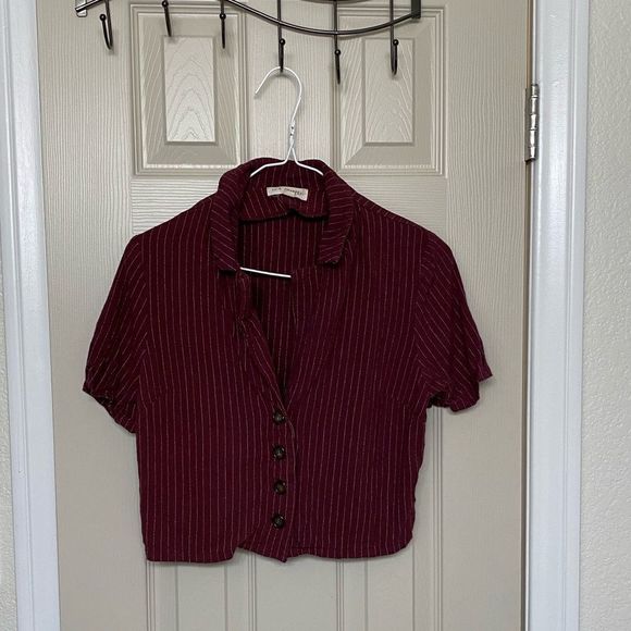 La Hearts Tops - LA hearts - burgundy shirt sleeve striped button up blouse